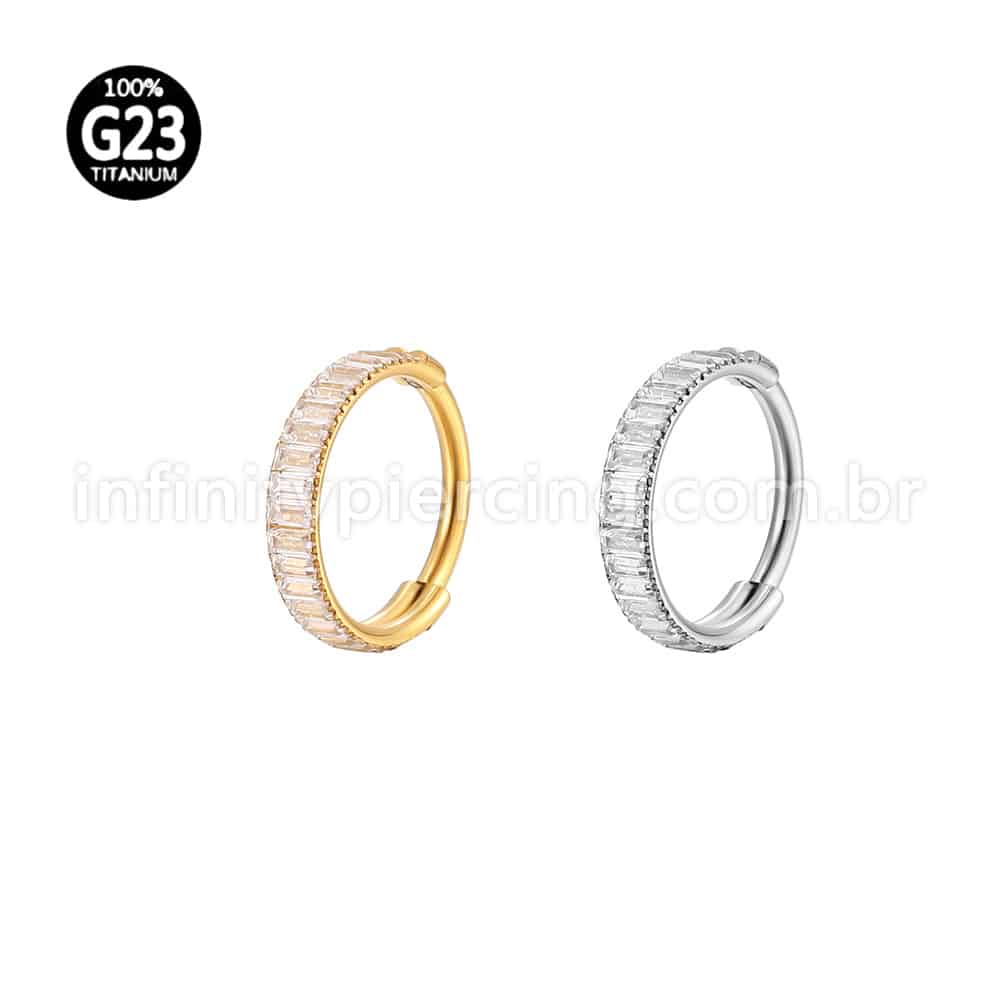 Piercing Argola Titânio Segmento Articulado Zircônia Retangular Cravejada